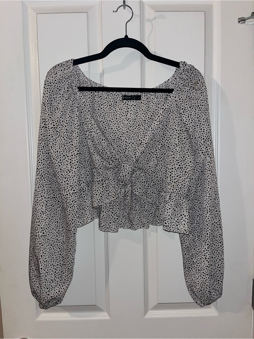 Polka Dot Tie-Front Long Sleeve Women's Top - White/Black
